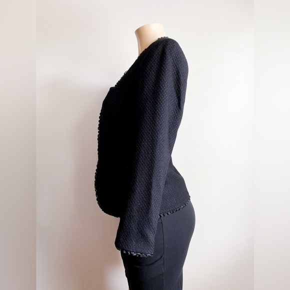 Dana Buchman Black Wool Tweed Blazer Collarless Jacket Career Formal Textured 4 - Picture 3 of 12